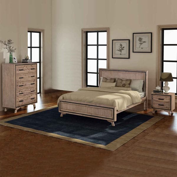 4 Pieces Bedroom Suite King Size Silver Brush in Acacia Wood Construction Bed, Bedside Table &amp; Tallboy-Furniture &gt; Bedroom-PEROZ Accessories