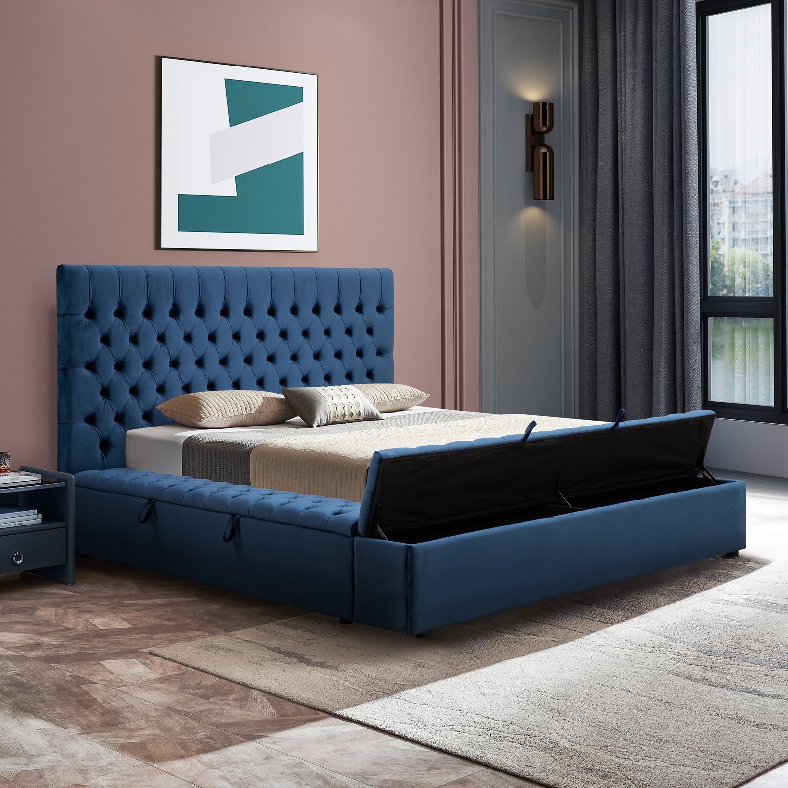 Queen Size Bedframe Velvet Upholstery Deep Blue Colour Tufted Headboard Deep Quilting-Furniture &gt; Bedroom-PEROZ Accessories