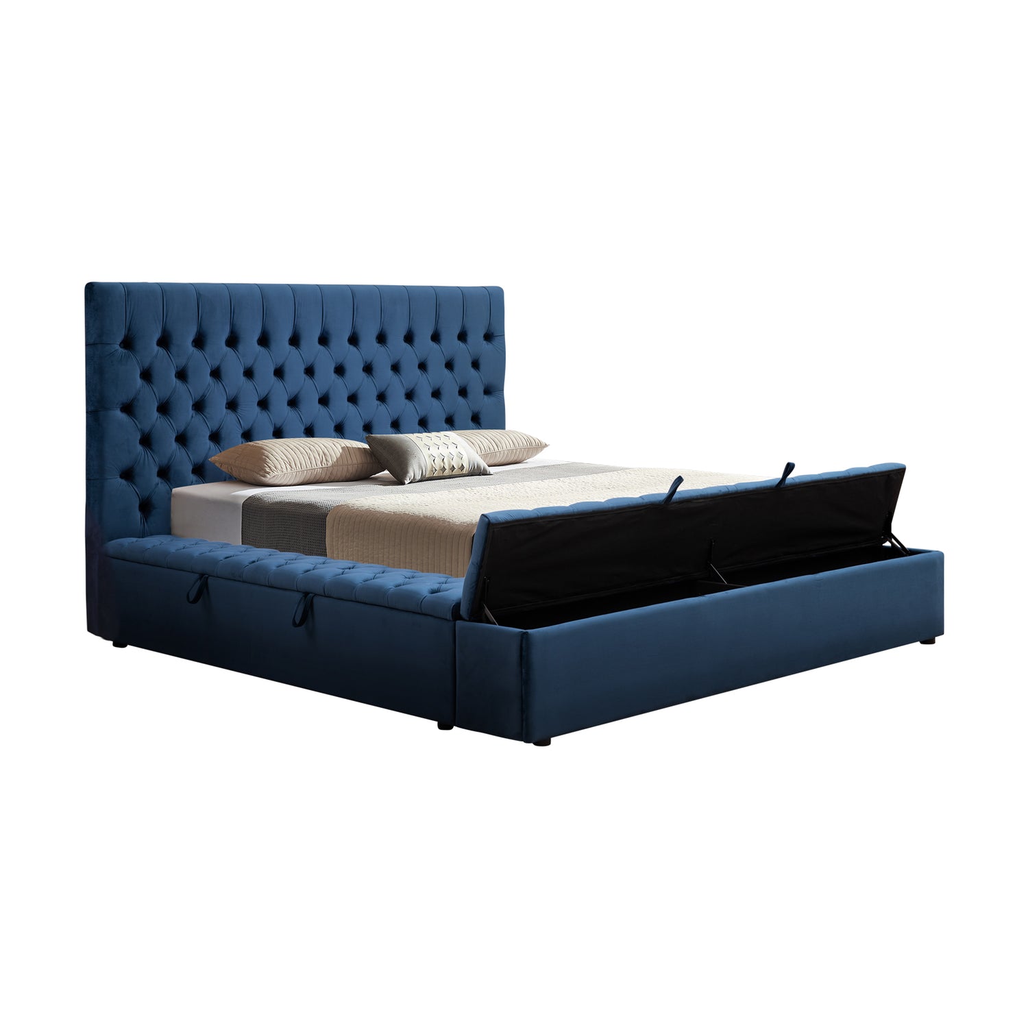 Queen Size Bedframe Velvet Upholstery Deep Blue Colour Tufted Headboard Deep Quilting-Furniture &gt; Bedroom-PEROZ Accessories