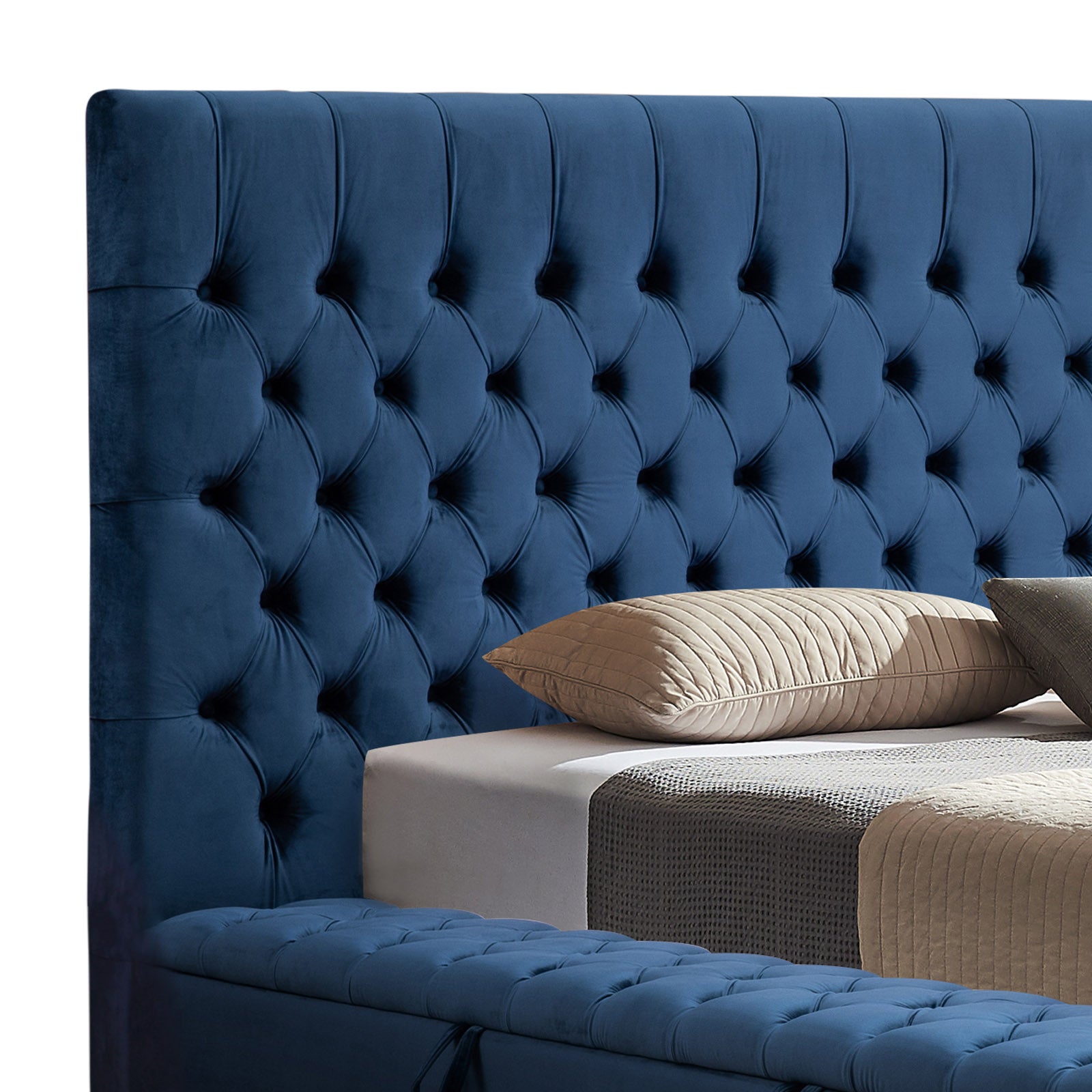 Queen Size Bedframe Velvet Upholstery Deep Blue Colour Tufted Headboard Deep Quilting-Furniture &gt; Bedroom-PEROZ Accessories
