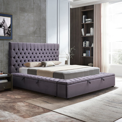 Queen Size Bedframe Velvet Upholstery Deep Grey Colour Tufted Headboard Deep Quilting-Furniture &gt; Bedroom-PEROZ Accessories