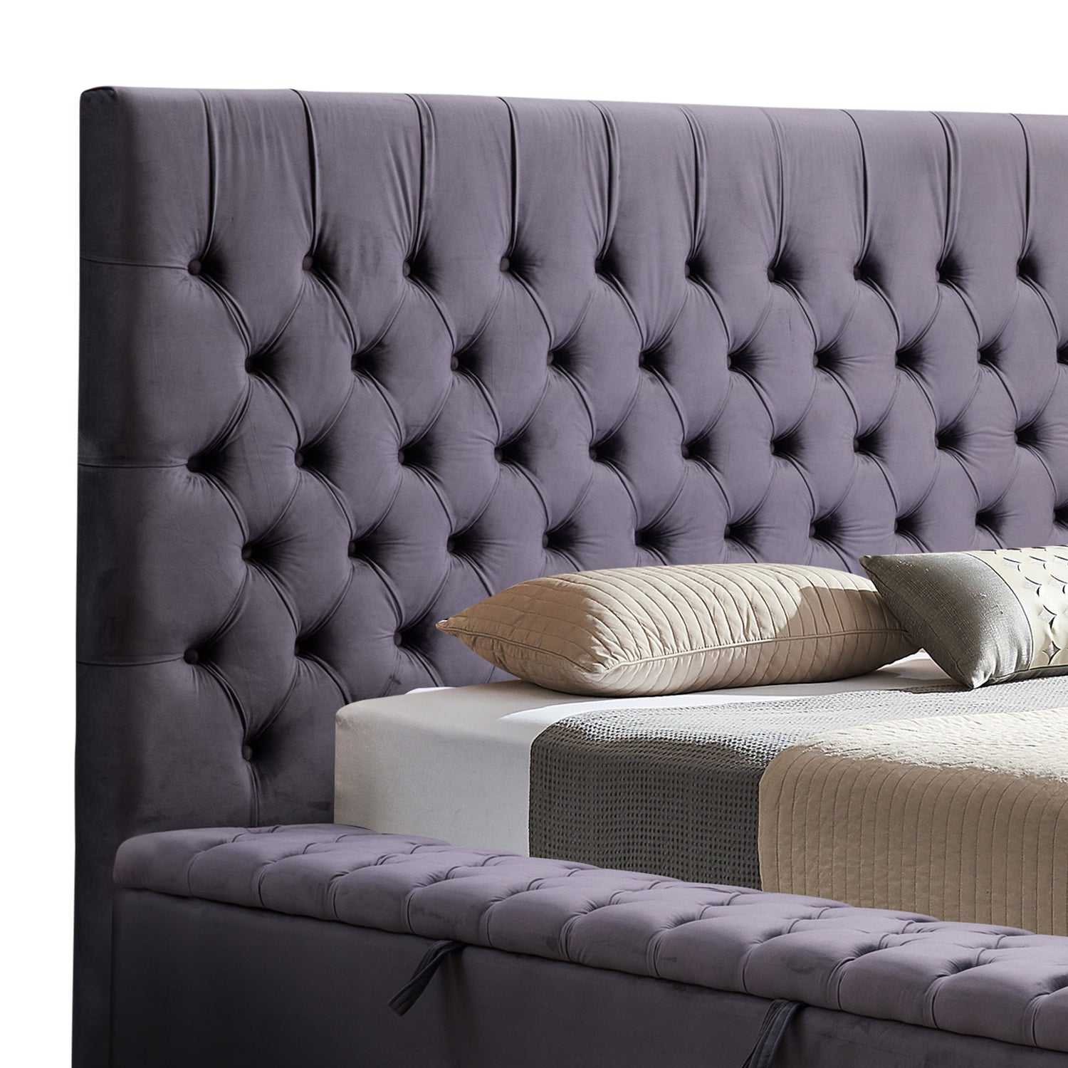 Queen Size Bedframe Velvet Upholstery Deep Grey Colour Tufted Headboard Deep Quilting-Furniture &gt; Bedroom-PEROZ Accessories