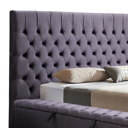 Queen Size Bedframe Velvet Upholstery Deep Grey Colour Tufted Headboard Deep Quilting-Furniture &gt; Bedroom-PEROZ Accessories