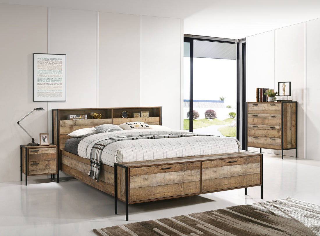 Queen Size Storage Bed Farme in Oak Colour with Particle Board Contraction and Metal Legs-Furniture &gt; Bedroom-PEROZ Accessories