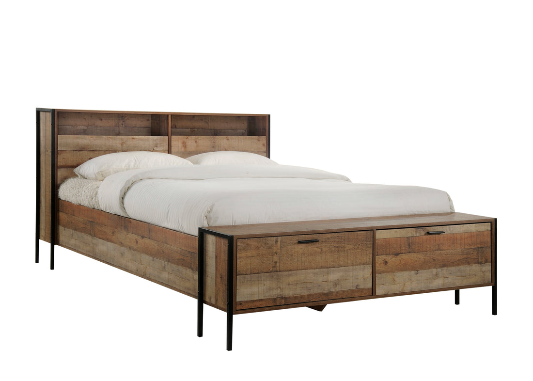 Queen Size Storage Bed Farme in Oak Colour with Particle Board Contraction and Metal Legs-Furniture &gt; Bedroom-PEROZ Accessories