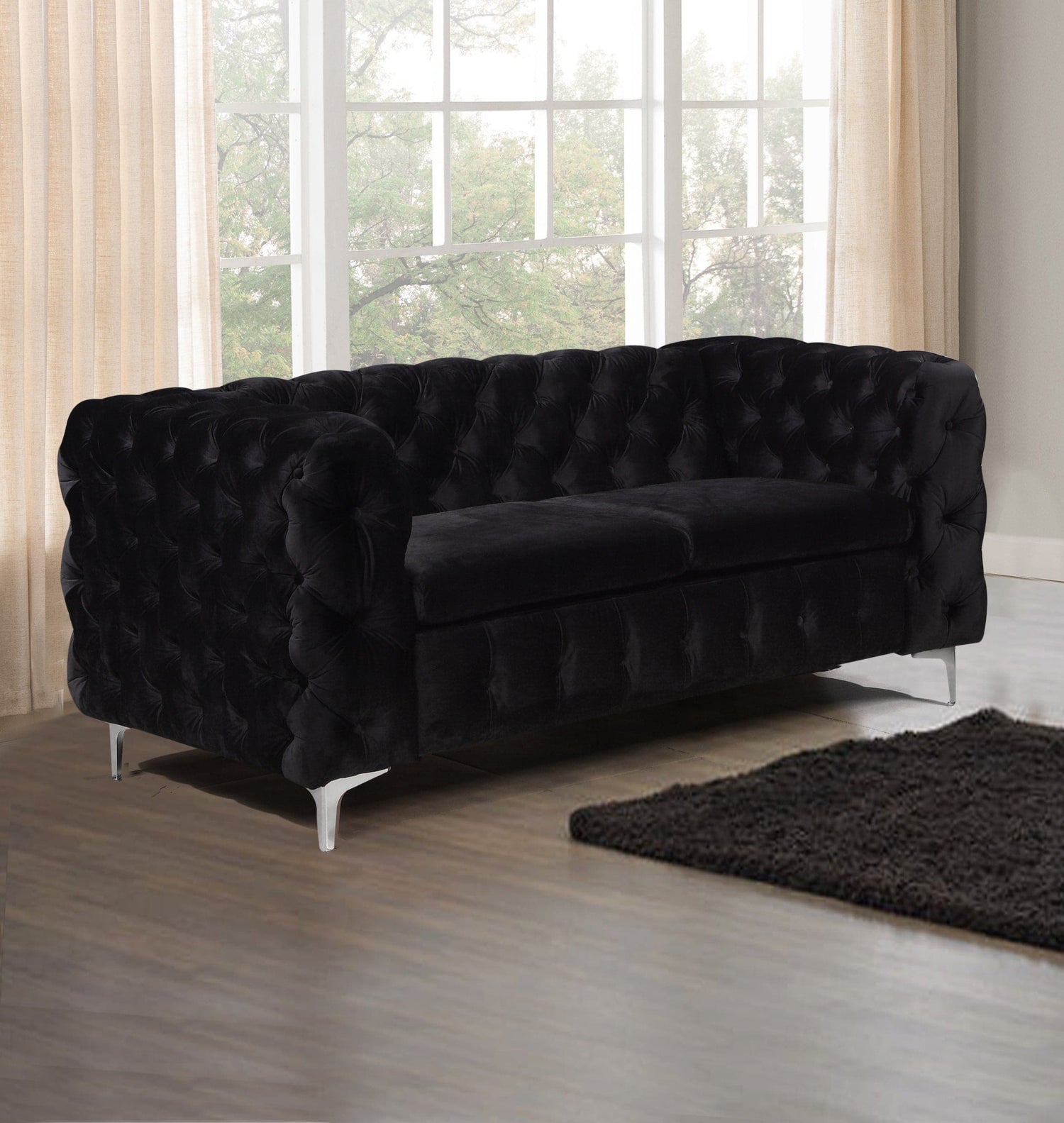 2 Seater Sofa Classic Button Tufted Lounge in Black Velvet Fabric with Metal Legs-Furniture &gt; Sofas-PEROZ Accessories