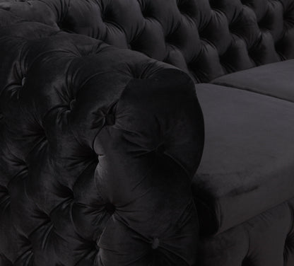 2 Seater Sofa Classic Button Tufted Lounge in Black Velvet Fabric with Metal Legs-Furniture &gt; Sofas-PEROZ Accessories