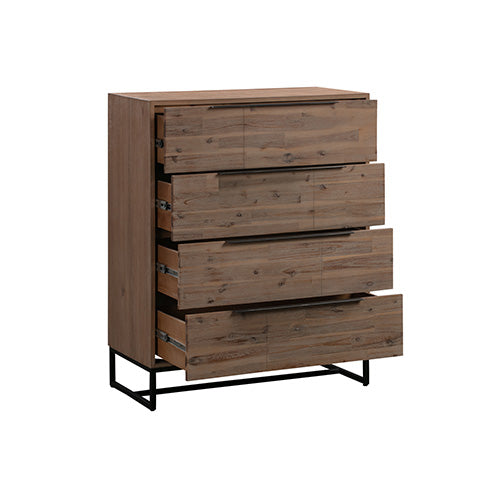 Tallboy with 4 Storage Drawers Assembled Solid Acacia Wooden Construction in Tea Colour-Furniture &gt; Living Room-PEROZ Accessories