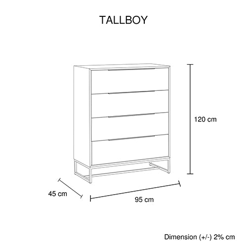 Tallboy with 4 Storage Drawers Assembled Solid Acacia Wooden Construction in Tea Colour-Furniture &gt; Living Room-PEROZ Accessories