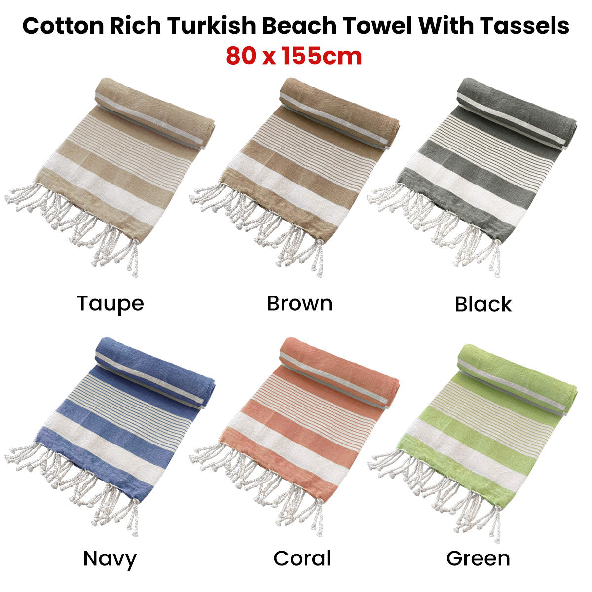 Cotton Rich Large Turkish Beach Towel with Tassels 80cm x 155cm Black-Home &amp; Garden &gt; Bathroom Accessories-PEROZ Accessories