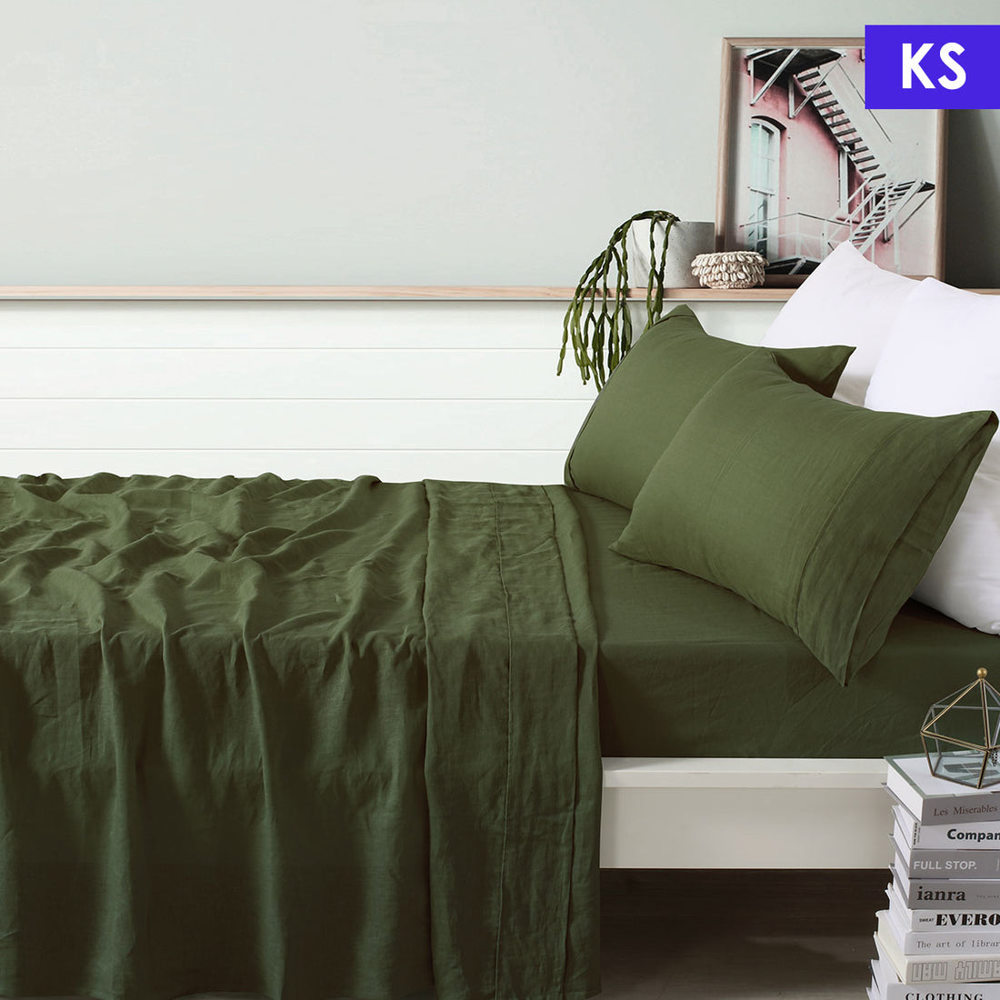 Vintage Design Homewares 100% Linen Olive Sheet Set King Single-Home &amp; Garden &gt; Bedding-PEROZ Accessories