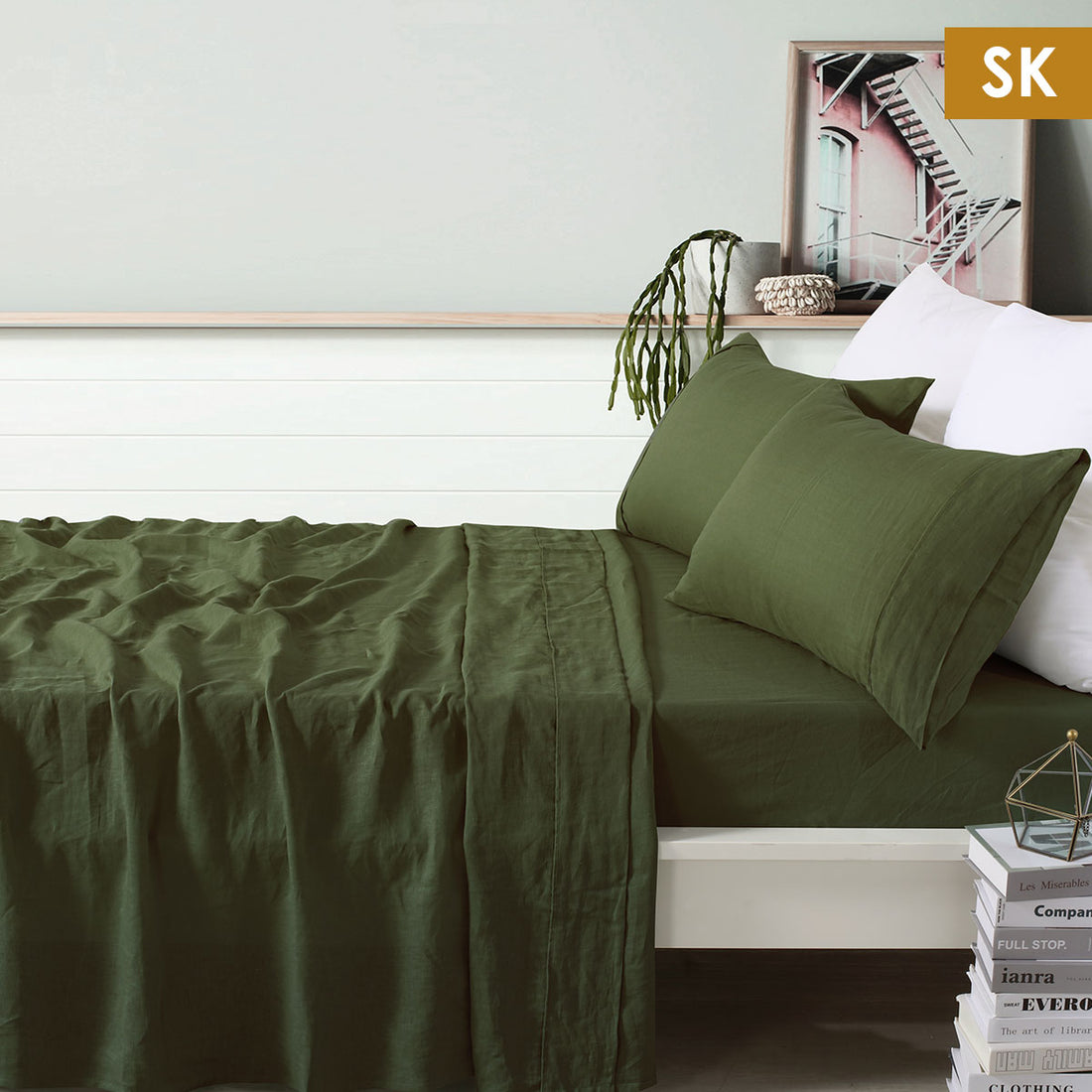 Vintage Design Homewares 100% Linen Olive Sheet Set Super King-Home &amp; Garden &gt; Bedding-PEROZ Accessories