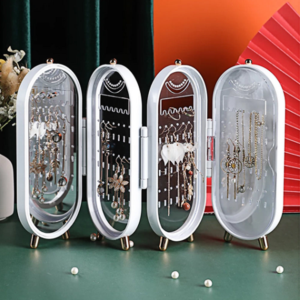 Jewellery Storage Box Earrings Display Necklace Organizer 4 Doors Foldable Screen (White)-Home &amp; Garden &gt; Storage-PEROZ Accessories