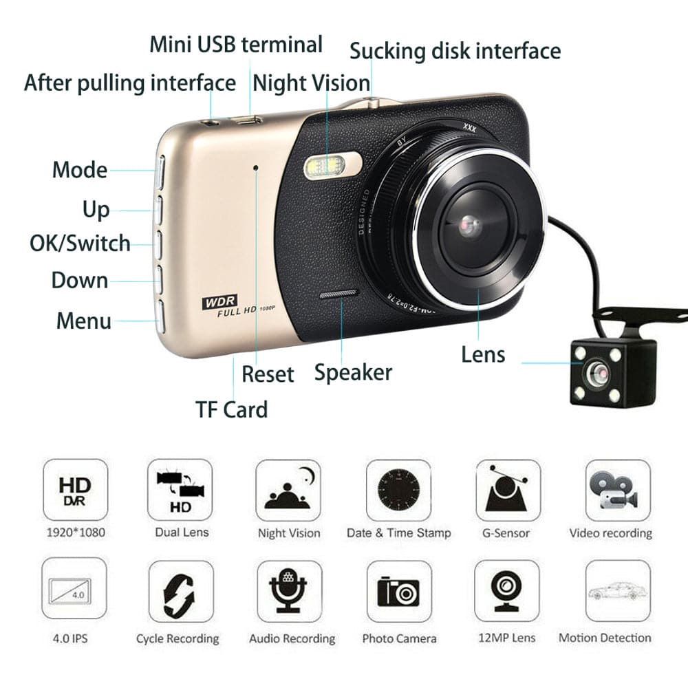 1080P Car Dash Camera Dual Front and Rear Video DVR Recorder Night Vision Kit-Auto Accessories-PEROZ Accessories