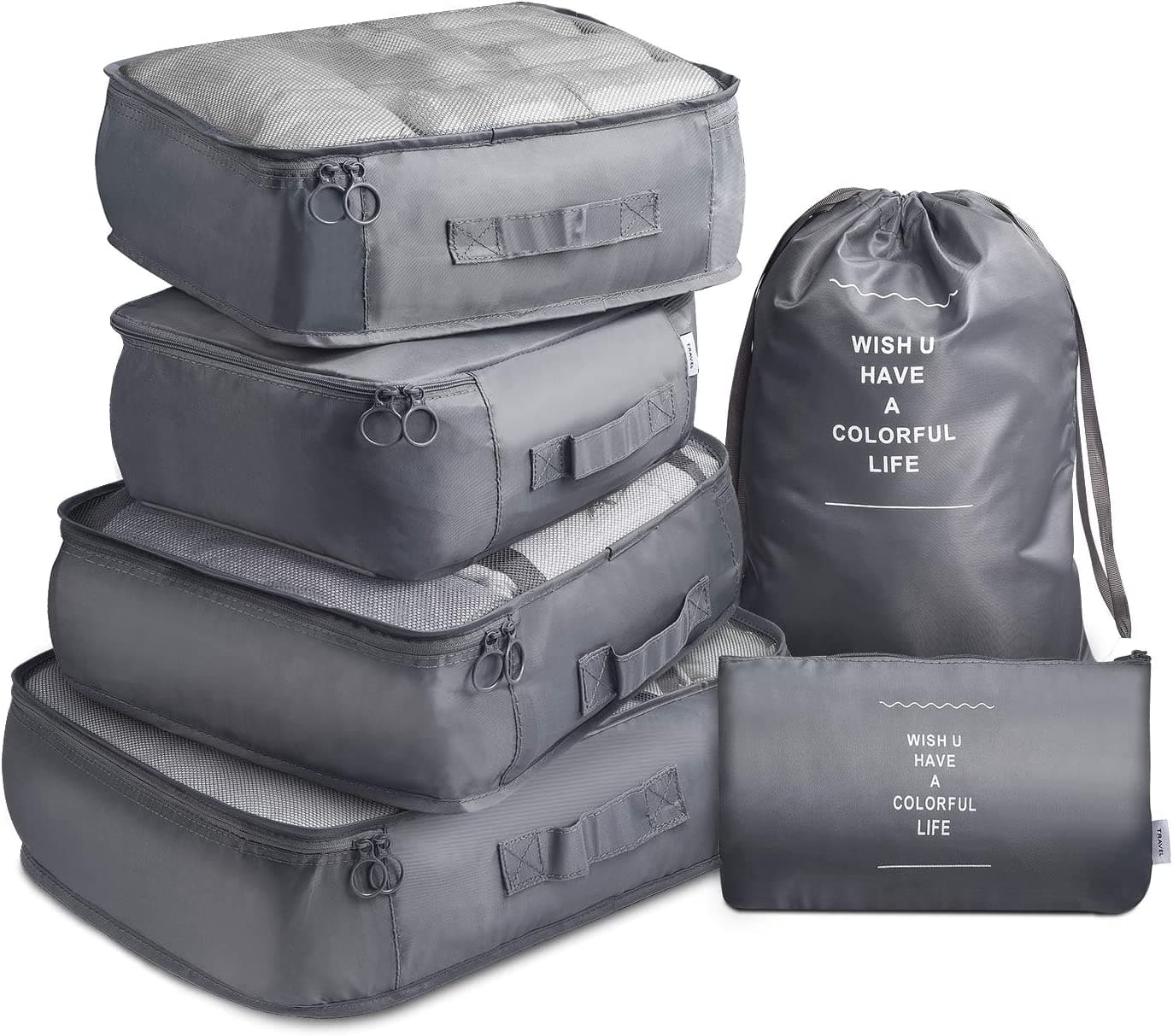 6 Pcs Waterproof Compression Packing Cubes Large Travel Luggage Organizer Storage (Grey)-Home &amp; Garden &gt; Travel-PEROZ Accessories