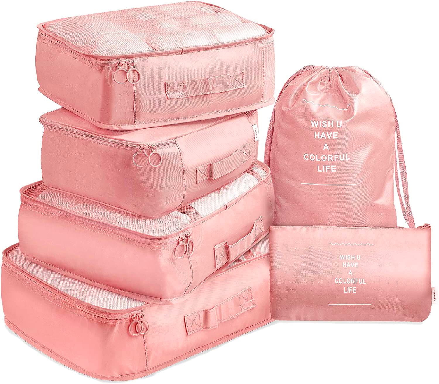 6 Pcs Waterproof Compression Packing Cubes Large Travel Luggage Organizer Storage (Pink)-Home &amp; Garden &gt; Travel-PEROZ Accessories