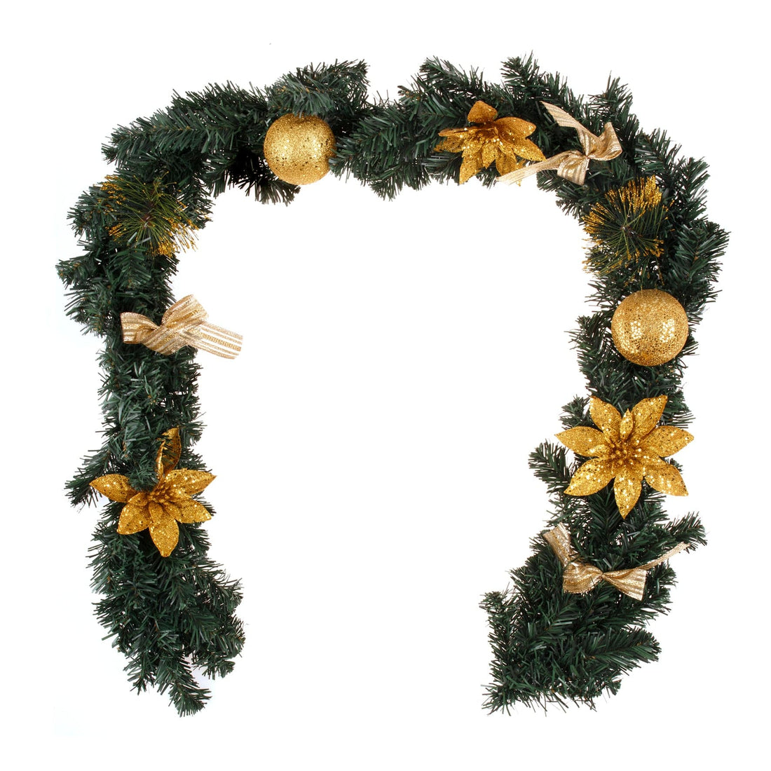 1.8m/6ft Christmas Pine Green Garland Gold Balls Flower Bows Xmas Hanging Décor, Gold, Green-Occasions &gt; Christmas-PEROZ Accessories