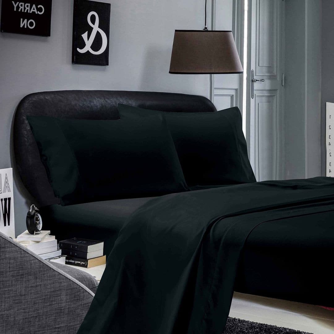 1000TC Ultra Soft Double Size Bed Black Flat &amp; Fitted Sheet Set-Home &amp; Garden &gt; Bedding-PEROZ Accessories