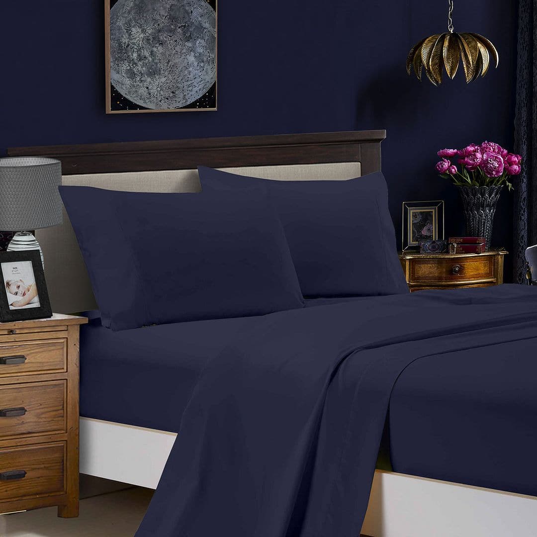 1000TC Ultra Soft Double Size Bed Midnight Blue Flat &amp; Fitted Sheet Set-Home &amp; Garden &gt; Bedding-PEROZ Accessories