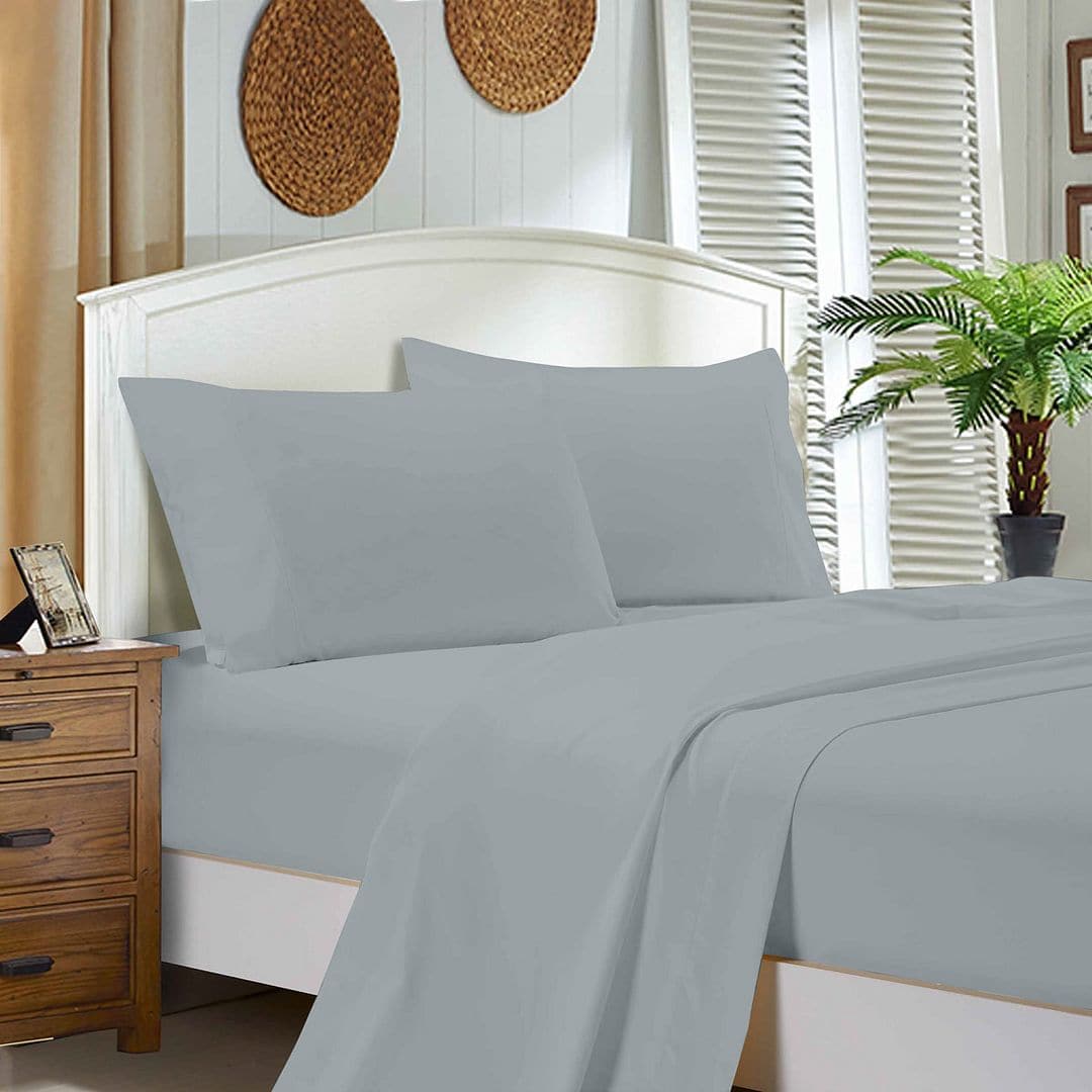 1000TC Double Size Bed Soft Flat &amp; Fitted Sheet Set Silver-Home &amp; Garden &gt; Bedding-PEROZ Accessories