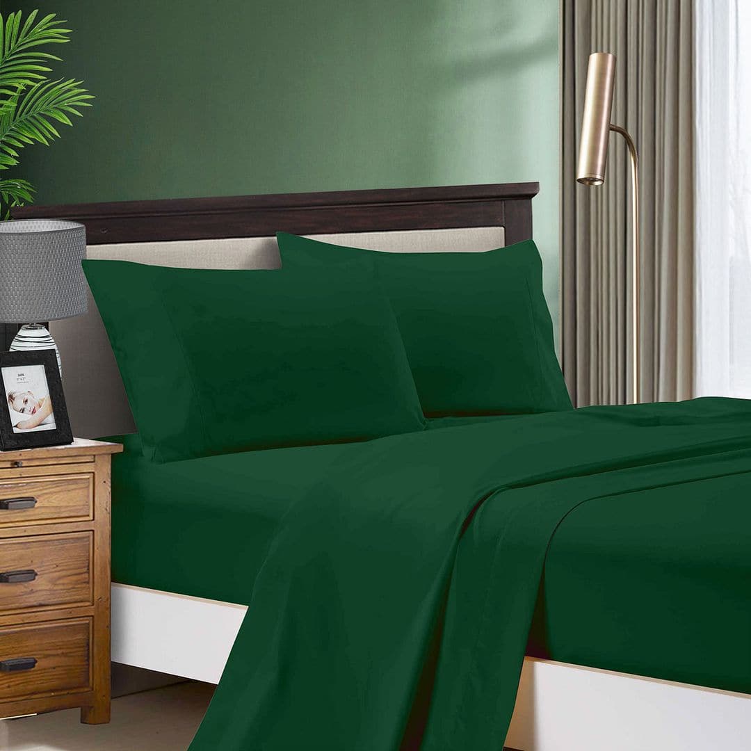 1000TC Ultra Soft Double Size Bed Dark Green Flat &amp; Fitted Sheet Set-Home &amp; Garden &gt; Bedding-PEROZ Accessories