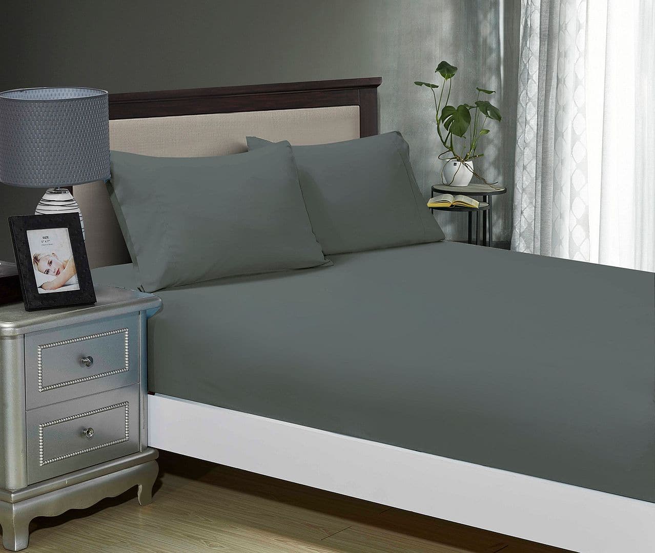 1000TC Ultra Soft Fitted Sheet &amp; 2 Pillowcases Set - Queen Size Bed - Charcoal-Home &amp; Garden &gt; Bedding-PEROZ Accessories