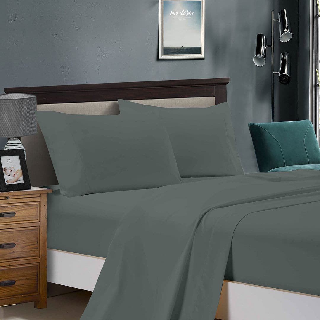 1000TC Ultra Soft Super King Size Bed Charcoal Flat &amp; Fitted Sheet Set-Home &amp; Garden &gt; Bedding-PEROZ Accessories