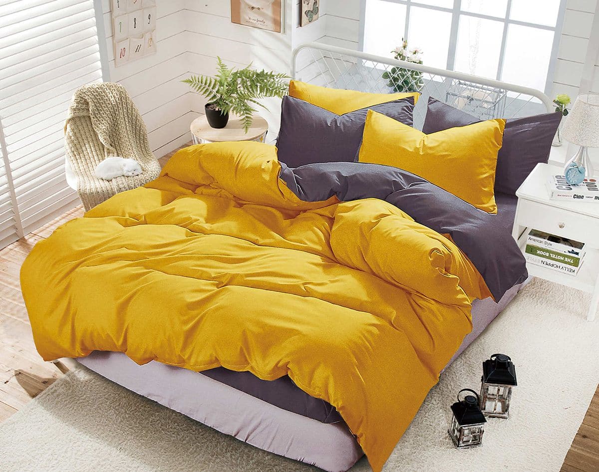 1000TC Reversible Queen Size Yellow and Grey Duvet Doona Quilt Cover Set-Home &amp; Garden &gt; Bedding-PEROZ Accessories