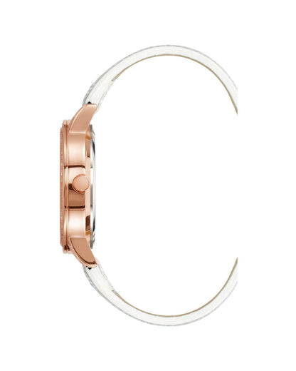 Rose Gold Analog Womens Fashion Watch with Rhinestone Detail and White Leatherette Strap One Size Women-Women&