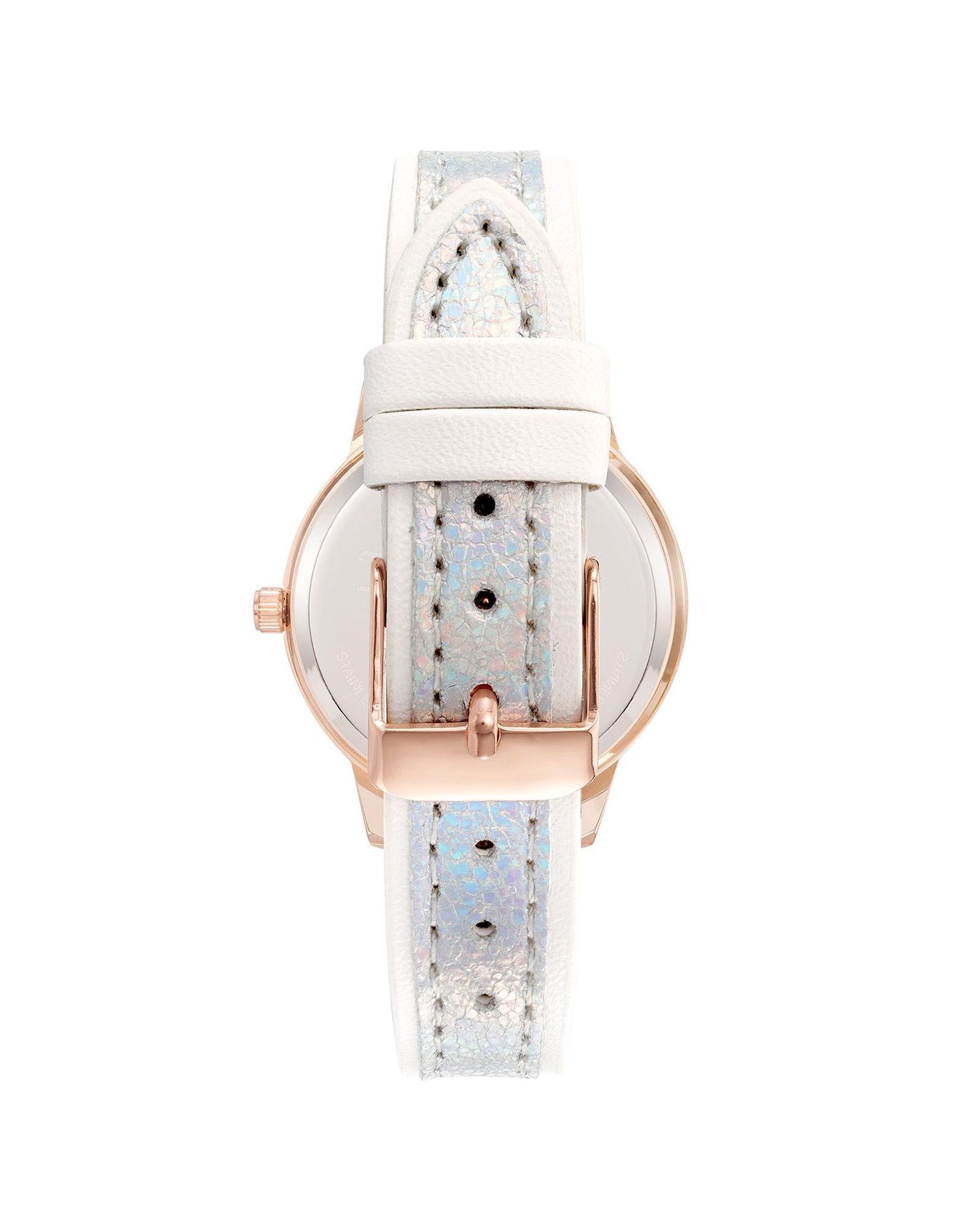 Rose Gold Analog Womens Fashion Watch with Rhinestone Detail and White Leatherette Strap One Size Women-Women&