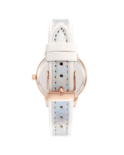Rose Gold Analog Womens Fashion Watch with Rhinestone Detail and White Leatherette Strap One Size Women-Women&