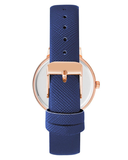 Rose Gold Analog Rhinestone Fashion Watch with Blue Leatherette Strap One Size Women-Women&