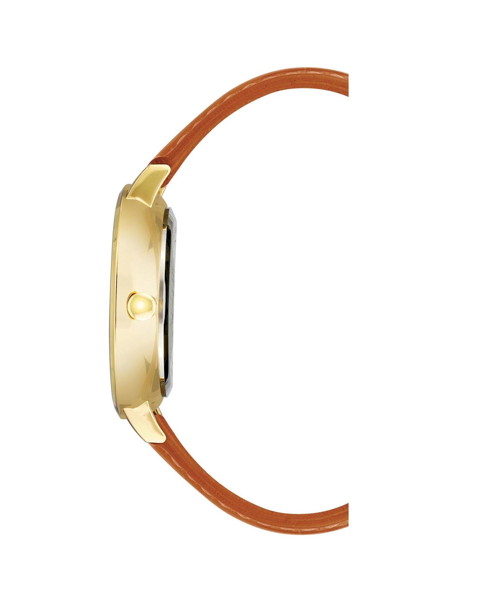 Gold Fashion Watch with Rhine Stone Facing and Brown Leatherette Wristband One Size Women-Women&