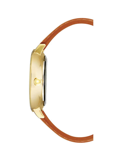 Gold Fashion Watch with Rhine Stone Facing and Brown Leatherette Wristband One Size Women-Women&