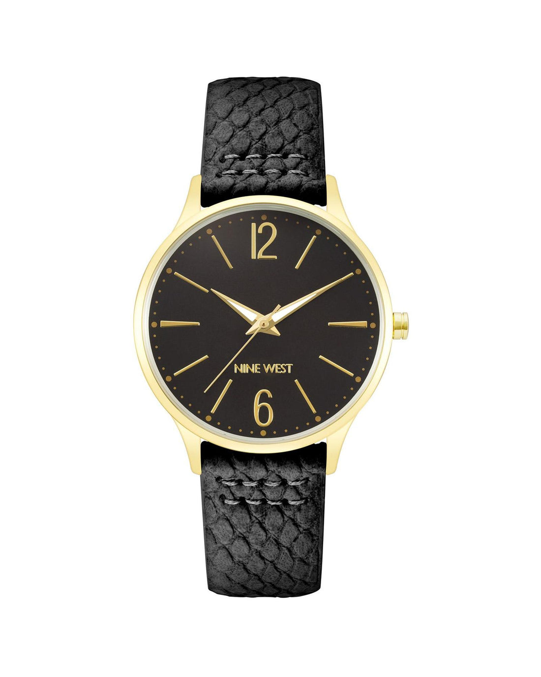 Black Stainless Steel Analog Quartz Watch with Leatherette Strap One Size Women-Women&