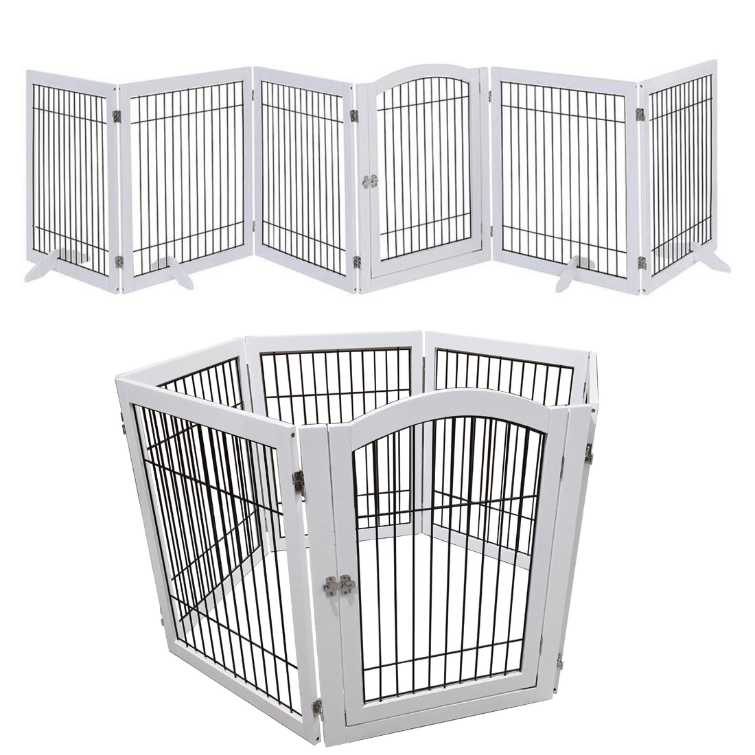 Wooden Dog Pen and Six Panel Pet Gate, White-Pet Care &gt; Dog Supplies-PEROZ Accessories