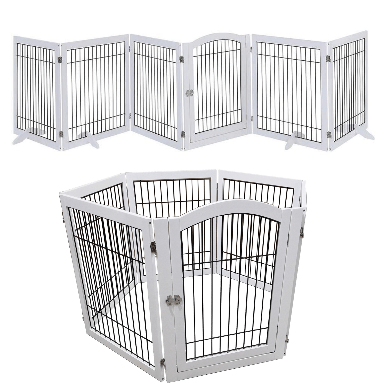 Wooden Dog Pen and Six Panel Pet Gate, White-Pet Care &gt; Dog Supplies-PEROZ Accessories