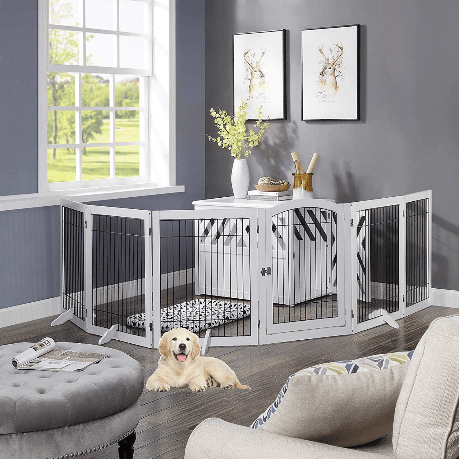 Wooden Dog Pen and Six Panel Pet Gate, White-Pet Care &gt; Dog Supplies-PEROZ Accessories
