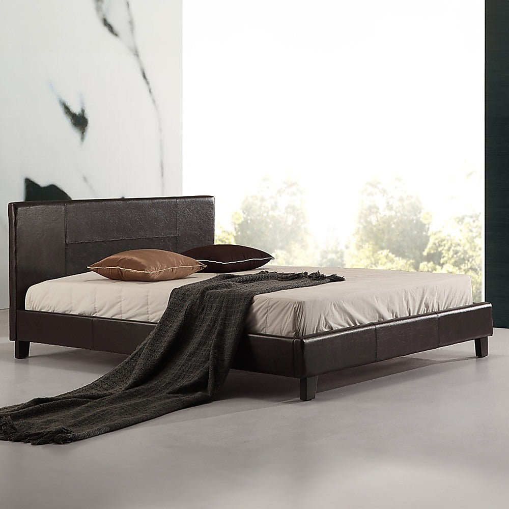 Queen PU Leather Bed Frame Brown-Bed Frames-PEROZ Accessories