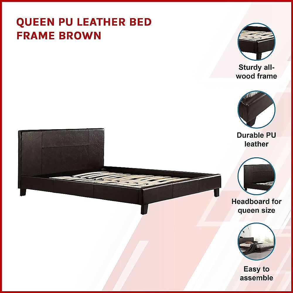 Queen PU Leather Bed Frame Brown-Bed Frames-PEROZ Accessories