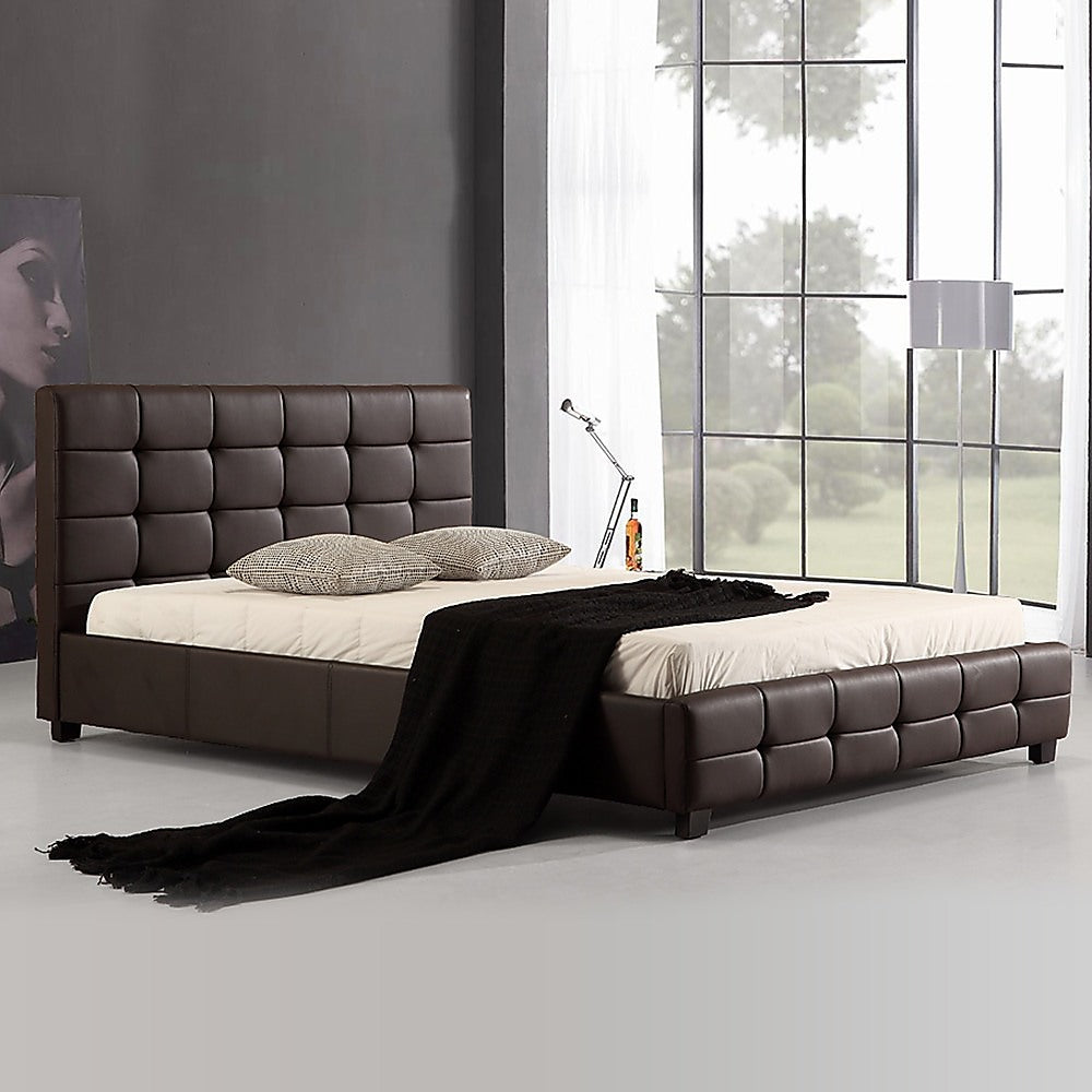 Double PU Leather Deluxe Bed Frame Brown-Bed Frames-PEROZ Accessories