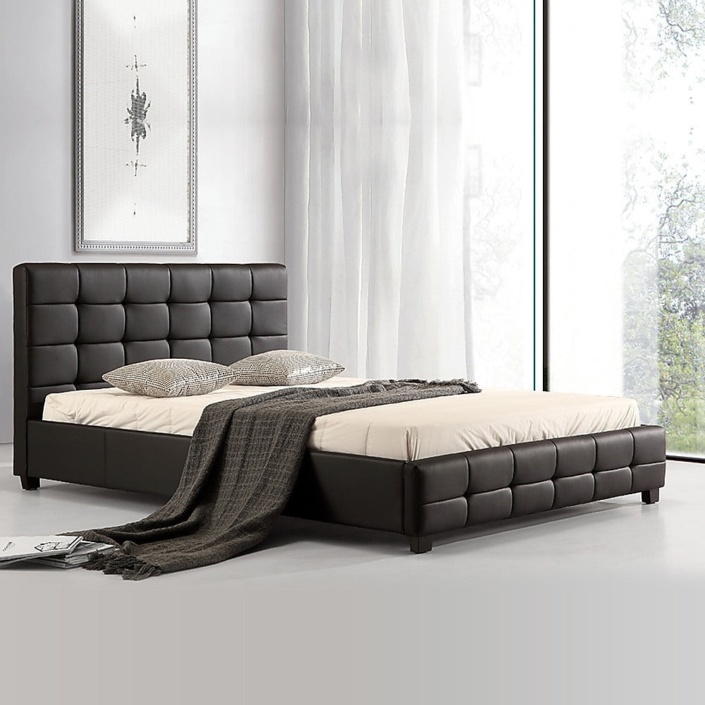 Double PU Leather Deluxe Bed Frame Black-Furniture &gt; Bedroom-PEROZ Accessories