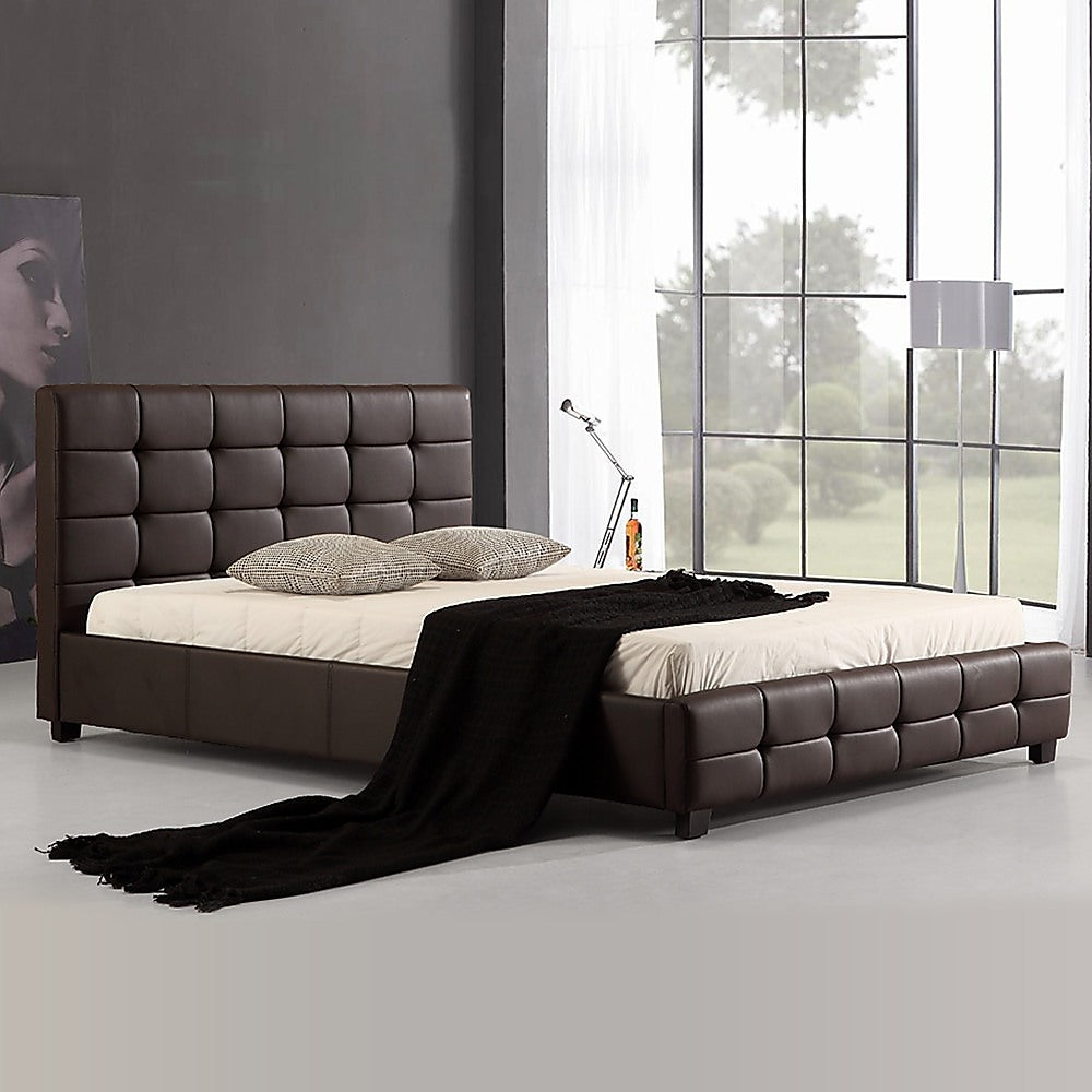 Queen PU Leather Deluxe Bed Frame Brown-Furniture > Bedroom-PEROZ Accessories