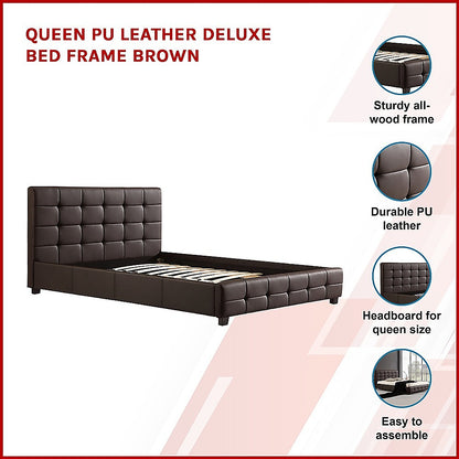 Queen PU Leather Deluxe Bed Frame Brown-Furniture &gt; Bedroom-PEROZ Accessories