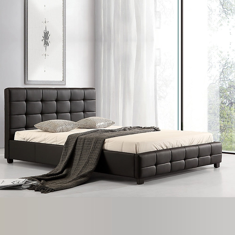 Queen PU Leather Deluxe Bed Frame Black-Furniture &gt; Bedroom-PEROZ Accessories