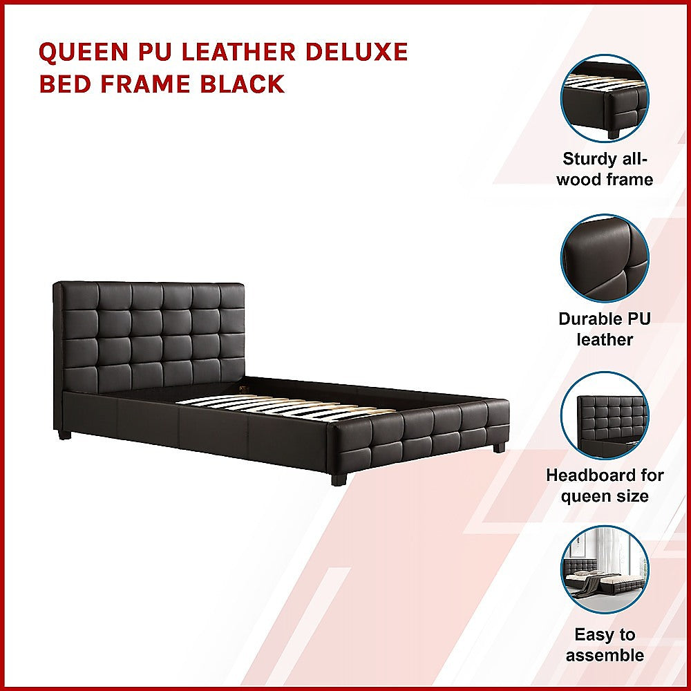 Queen PU Leather Deluxe Bed Frame Black-Furniture &gt; Bedroom-PEROZ Accessories