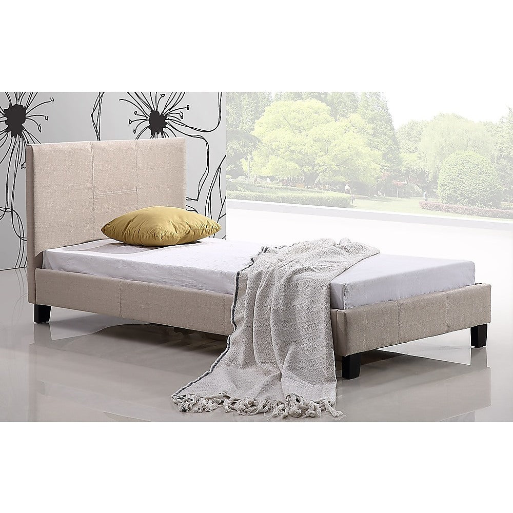 Single Linen Fabric Bed Frame Beige-Furniture &gt; Bedroom-PEROZ Accessories