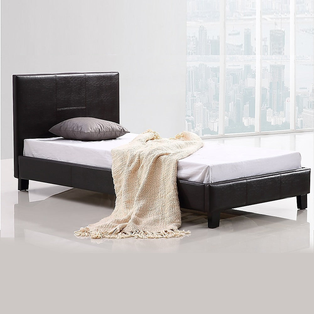 Single PU Leather Bed Frame Brown-Furniture &gt; Bedroom-PEROZ Accessories