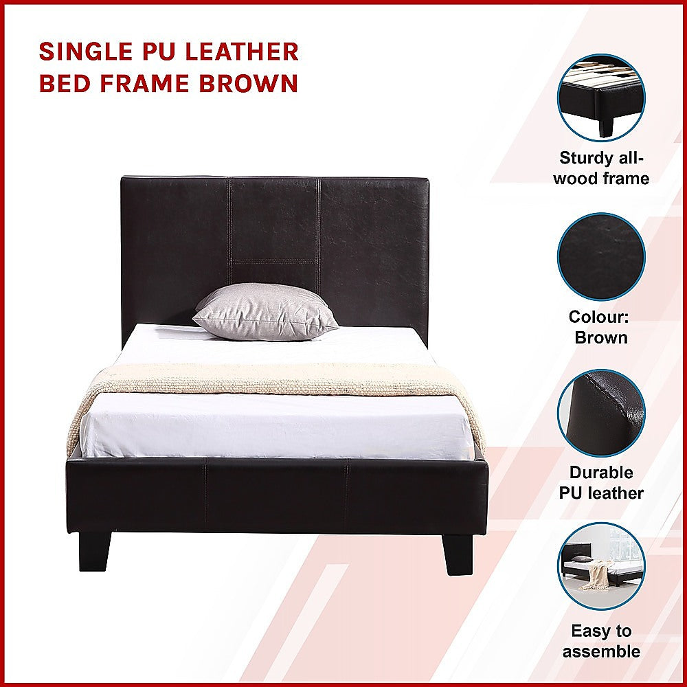 Single PU Leather Bed Frame Brown-Furniture &gt; Bedroom-PEROZ Accessories