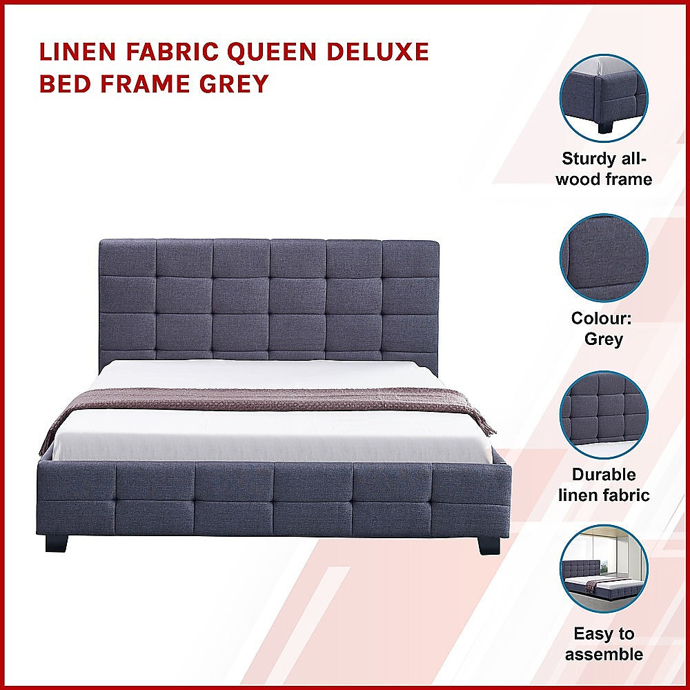 Linen Fabric Queen Deluxe Bed Frame Grey-Furniture &gt; Bedroom-PEROZ Accessories